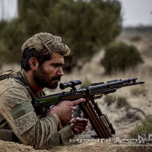 Image similar to kurdish ypg sniper in a movie directed by christopher nolan, movie still frame, promotional image, imax 7 0 mm footage, 8 k uhd