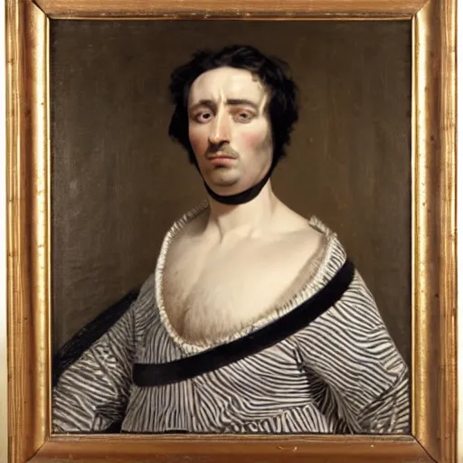Prompt: a professional portrait painting of a zebra with a human body, wearing decorated royal clothes, serious look, oil painting, painted by Jean Auguste Dominique Ingres, detailed