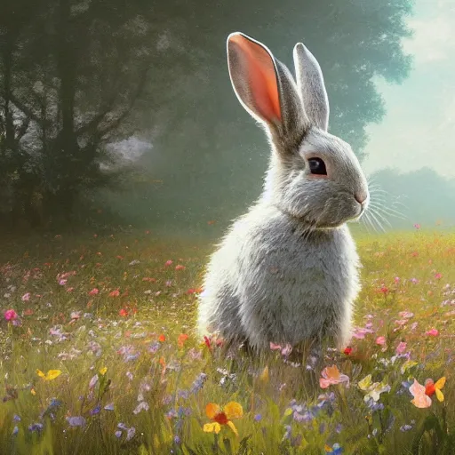 Image similar to a rabbit in a field of beautiful flowers, by stanley lau and greg rutkowski