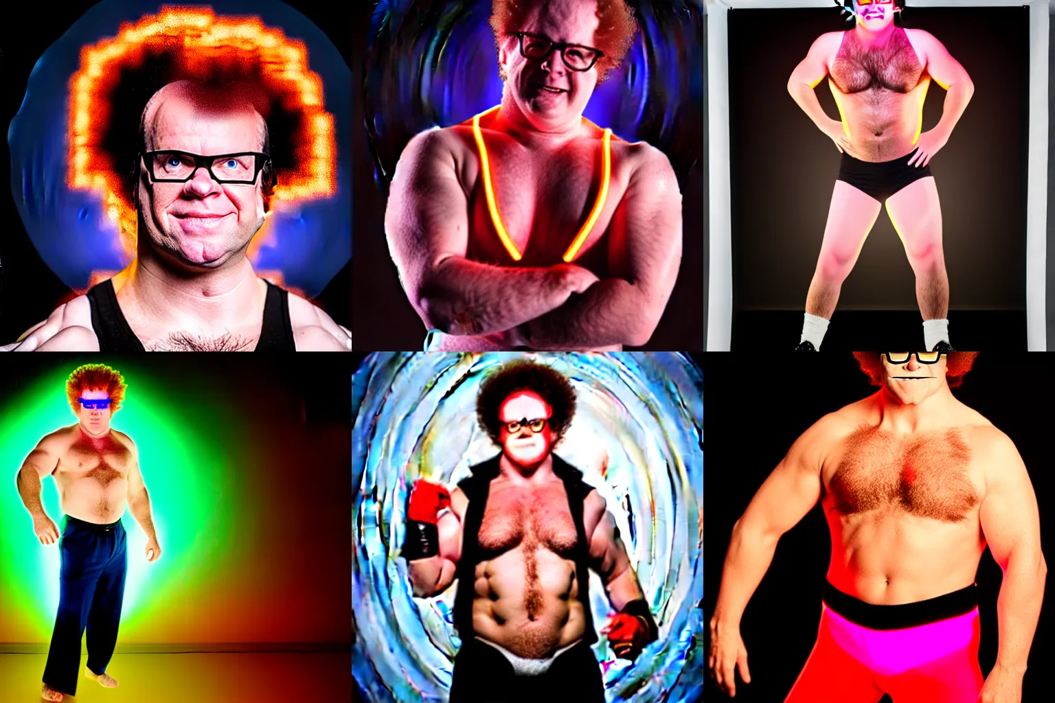 Prompt: Dr Steve Brule as a hunk wrestler, promotional photo, neon studio lighting, highly reflective