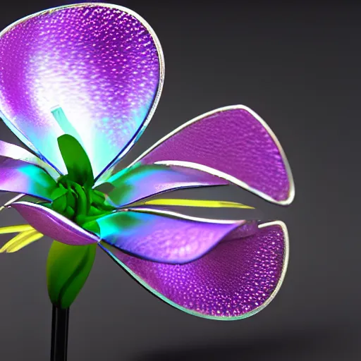 Prompt: a cybertronic, metallic, reflective orchid flower, unreal engine