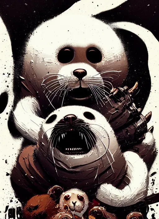 Image similar to highly detailed closeup portrait of a metal album cover with a furry white baby seal in a mosh pit by atey ghailan, by greg rutkowski, by greg tocchini, by james gilleard, by joe fenton, by kaethe butcher, gradient red, black, brown and white color scheme, grunge aesthetic!!! white graffiti tag wall background