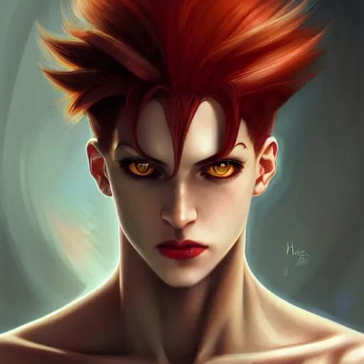 Prompt: portrait of hisoka morow hunter hunter male thin lips small eyes very thin pursed lips extremely sharp jaw yellow eyes sharp nose narrow eyes dark red hair soft hair slicked back crimson hair anime, madonna genderbend elegant, highly detailed, digital painting, artstation art by artgerm and greg rutkowski and alphonse mucha