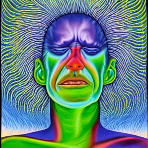 Image similar to Alex grey painting of someone sneezing