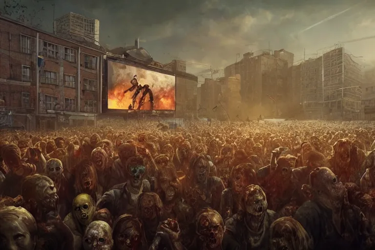 Image similar to a crowd of zombies watching a sports game, matte painting, long shot, concept art, wide shot, digital art, trending on artstation, 4 k, extremely detailed, realistic, midday, warm colors, golden sunlight, by greg rutkowski, cinematic, epic