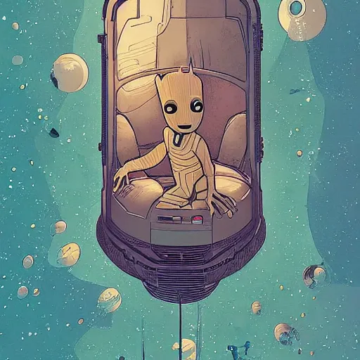 Prompt: baby groot lies completely flat in bed the space ship, by victo ngai