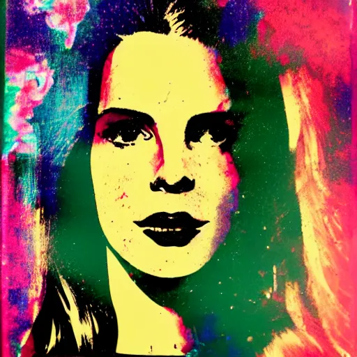 Image similar to lana del rey abstract painting, glitchcore, splatter, distortion, 3 5 mm