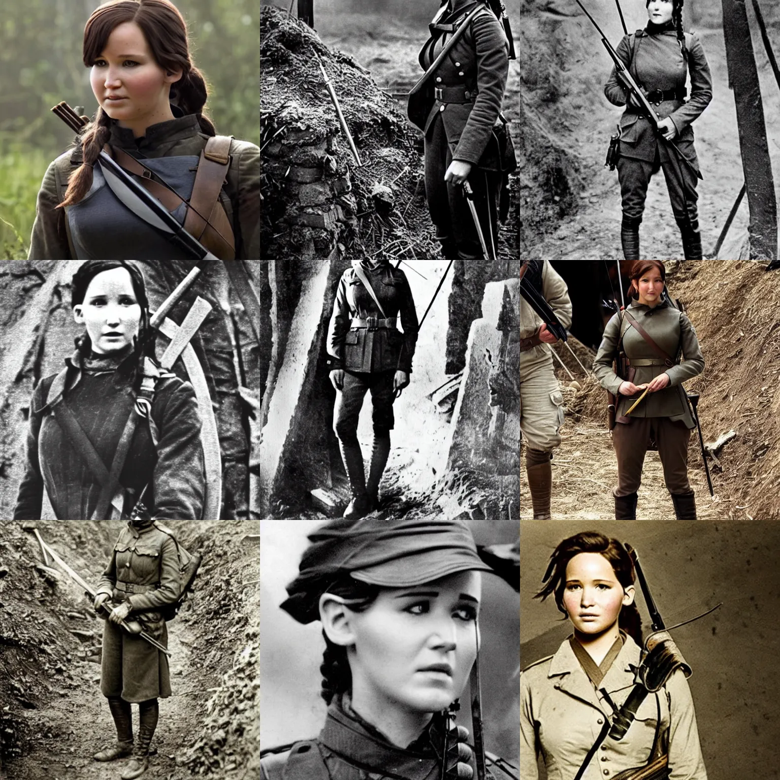 Prompt: Katniss Everdeen as a British Officer in WW1, 1918, standing in a trench, facing the camera