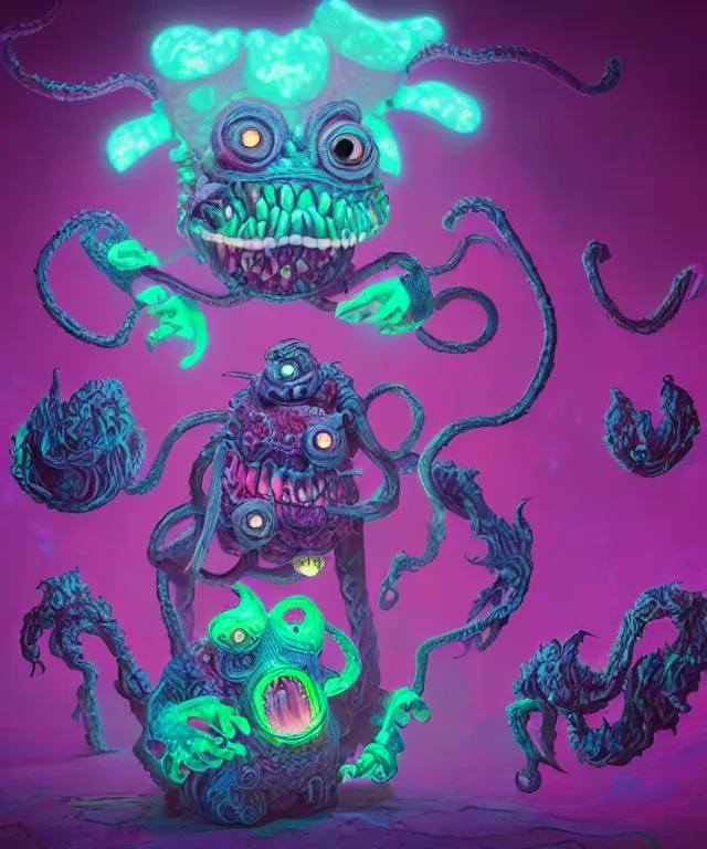 Prompt: a two headed xanathar made of bioluminescence in the art style of monsters inc, crisp 8 k line art, digital painting, artstation, unreal engine, octane render, emissive lighting, concept art, matte, sharp focus, hyper realistic lighting, illustration, deep royal blue and pink color scheme, art by junji ito