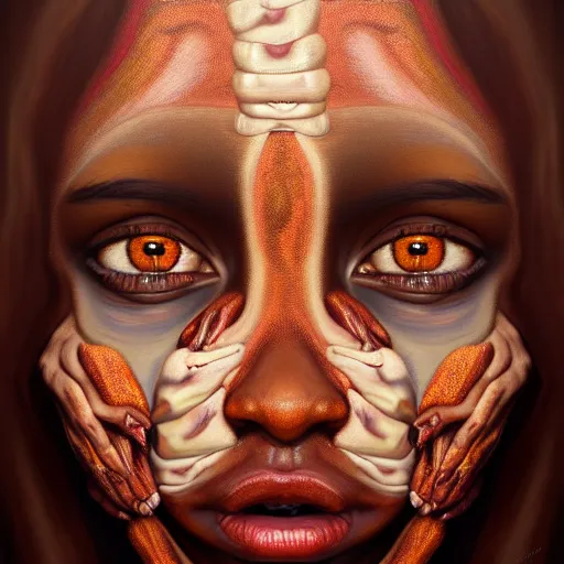 Image similar to a painting of a brown womanterrified of three brown men, hyperrealistic faces, detailed digital art, aesthetic!, trending on artstation, anatomically correct face and fingers