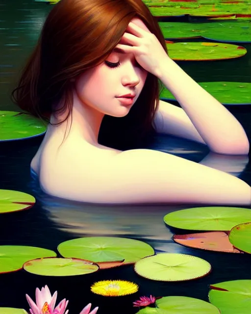 Image similar to stylized portrait of an artistic pose, composition, young lady sleeping in a pond, water lilies, flowers, one single head, realistic shaded, fine details, realistic shaded lighting poster by ilya kuvshinov, magali villeneuve, artgerm, jeremy lipkin and michael garmash and rob rey