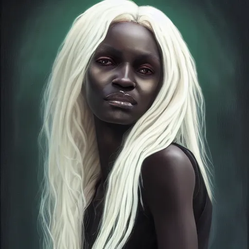 Prompt: a detailed matte oil on canvas head on symmetrical portrait of black skinned woman with! long white hair! and ( pale greenish ) hair, wearing a dark cotton shirt by charlie bowater, lise deharme, wlop, trending on artstationhd, dungeons and dragons art critical role