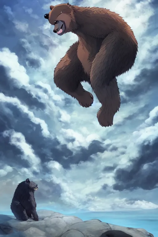 Prompt: overweight heavily scarred bear with black fur wearing a white loincloth, fursona, anthro, male, anime key visual, detailed fur, makoto shinkai