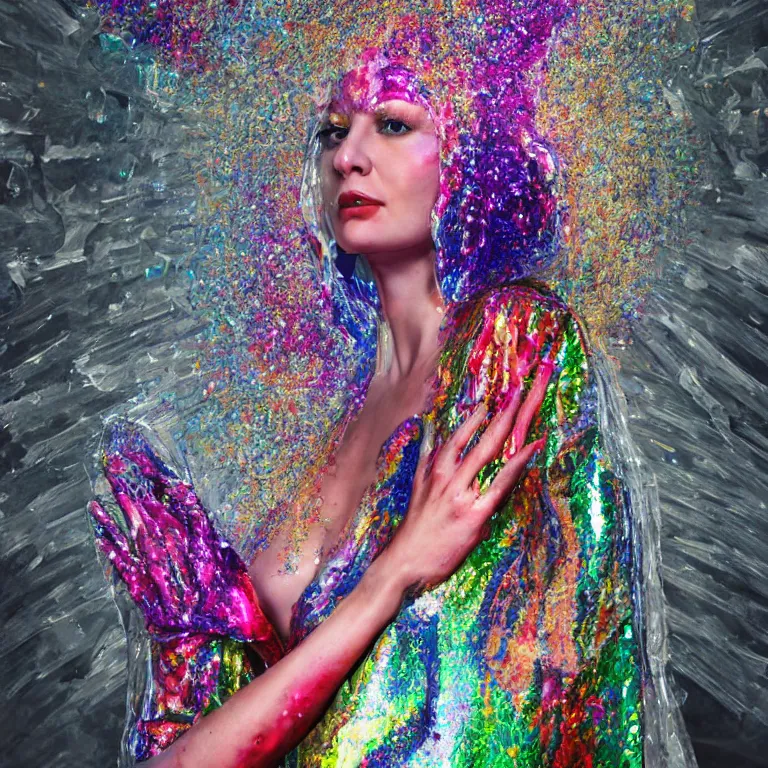 Image similar to octane render portrait by wayne barlow and carlo crivelli and glenn fabry, a woman wearing a clear plastic suit full of colorful thick fluid full of glitter, standing in front of a giant sheet of tie - dye aluminum foil, cinema 4 d, ray traced lighting, very short depth of field, bokeh