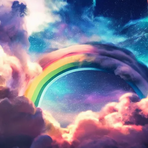 Image similar to sky with a rainbow and another section of the sky has fluffy clouds and the third section is a galaxy, concept art, trending on artstation octane render 8 k uhd, fitz henry lane, rossdraws