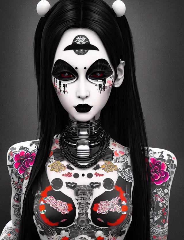 Image similar to full body portrait of a gothic style punk geisha robot with kanji tattoos and decals wearing a digital pixelated kimono, intricate design, photo - realistic, octane render, ultra fine detailed, character design, trending on artstation