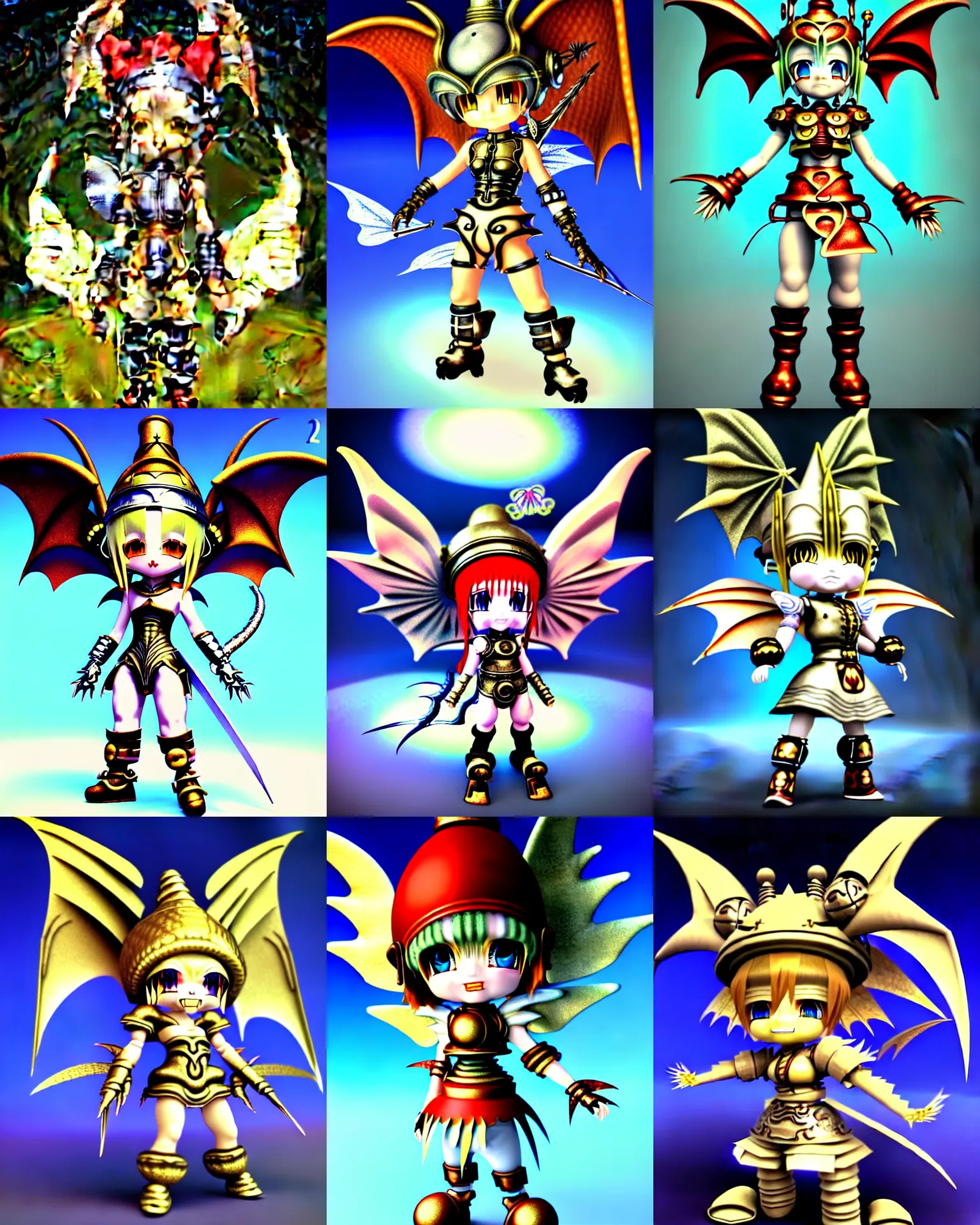 Prompt: vintage cgi 3 d render of cute chibi cyborg dragon warrior in the style of micha klein final fantasy ix by ichiro tanida wearing a big bell hat and wearing angel wings against a psychedelic swirly background with 3 d butterflies and 3 d flowers n the style of 1 9 9 0's cg graphics 3 d rendered by micha klein lightwave, 3 do magazine