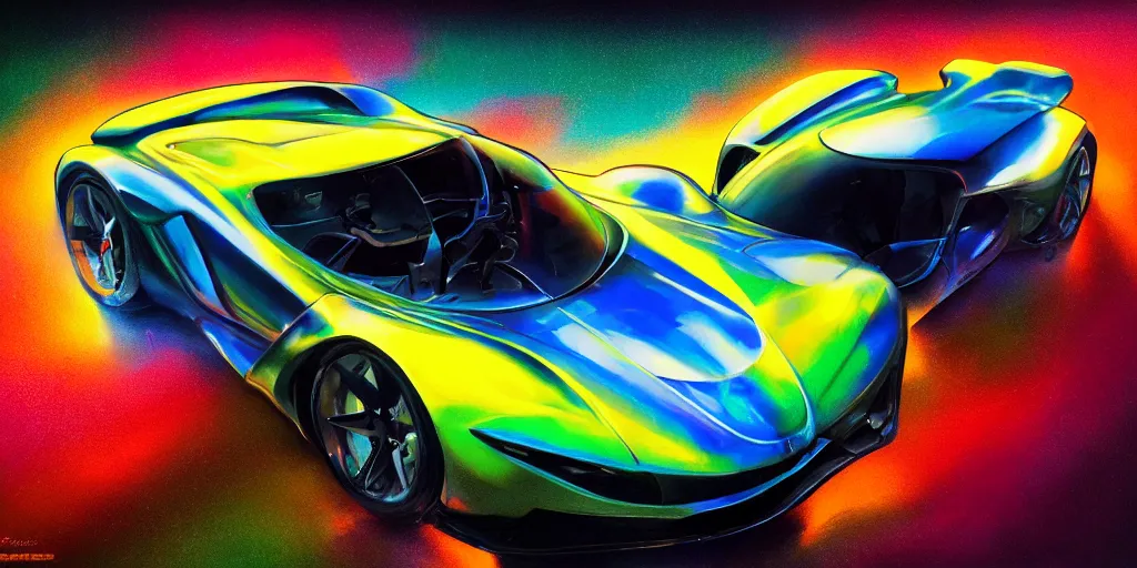 Prompt: full view of a sport car, painted in many bright colors holographic pearlescent, elegant, digital painting, concept art, smooth, sharp focus, art style from Wang Ke and Greg Rutkowski and Bruce Kaiser and Scott Robertson and Dmitry Mazurkevich and Doruk Erdem and Jon Sibal, small style cue from Blade Runner
