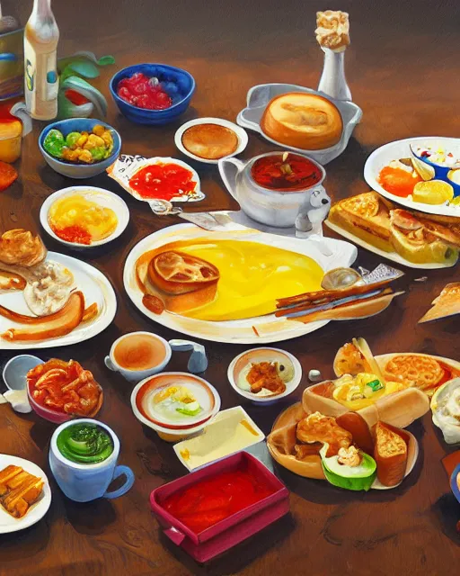 Image similar to a painting of a table full of breakfast foods, concept art by taro yamamoto, pixiv contest winner, auto - destructive art, official art, concept art, pixiv