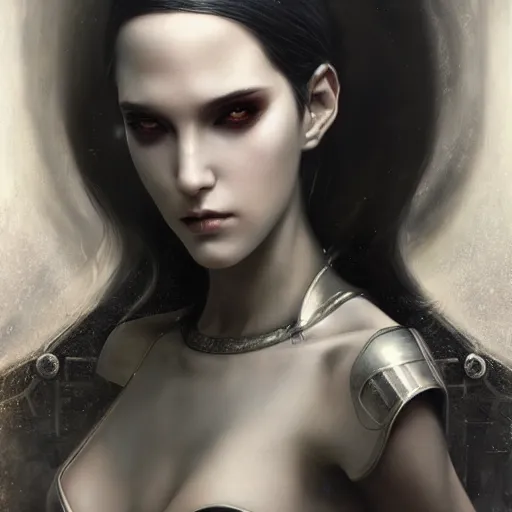 Image similar to By Tom Bagshaw, ultra realist soft painting of an attractive cyberpunk anime female fully bodysuit armored, with thin lustrous long hair floating, photorealistic eyes render, looking at camera, curiosities carnival, symmetry accurate features, very intricate details, focus, dark fantasy background, black and white, curvy