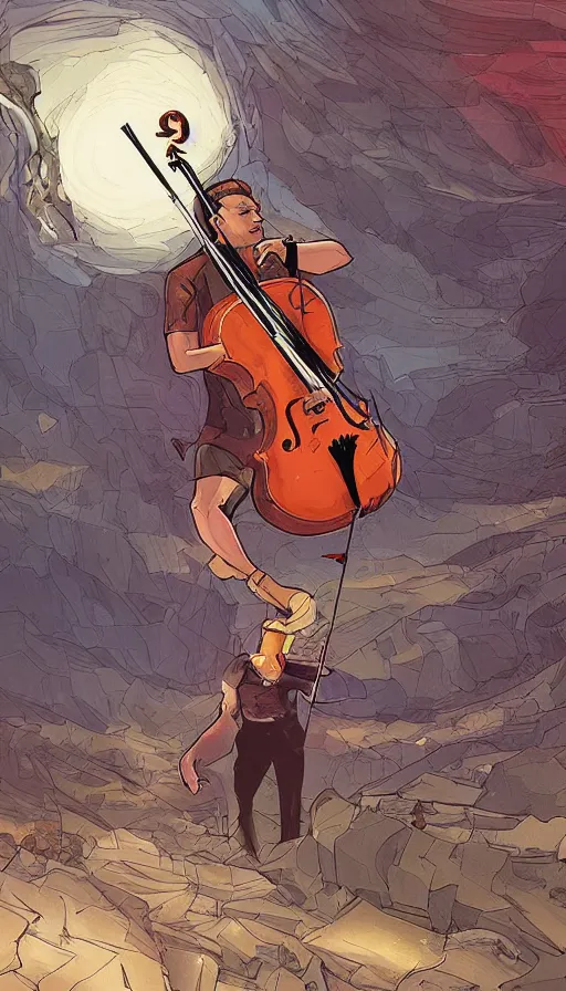 Prompt: a digital illustration of a cellist playing in an apocalyptic landscape, marvel comics, by Pascale Blanche