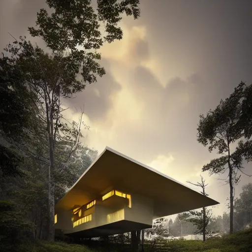 Prompt: modernist house inspired by a tibetan palace between big trees, yellow clouds, dramatic lighting, artstation, matte painting, raphael lacoste, simon stalenhag, frank lloyd wright, zaha hadid