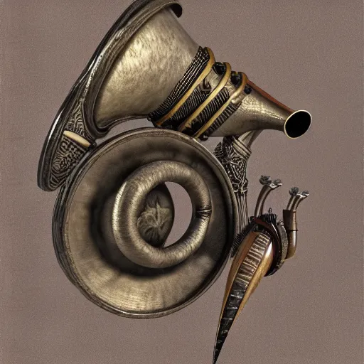 Image similar to a 3 d render of a medieval blowing horn, winding horn, animal horn, higly detailed, mystic, artwork