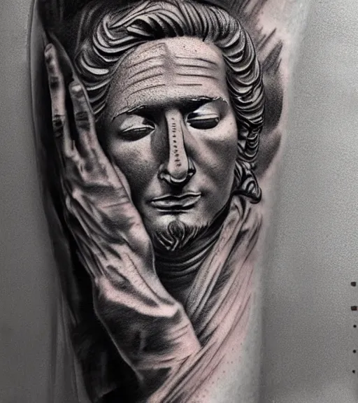 Prompt: tattoo design sketch of the statue of david broken in the middle, in the style of den yakovlev, realistic face, black and white, realism tattoo, hyper realistic, highly detailed