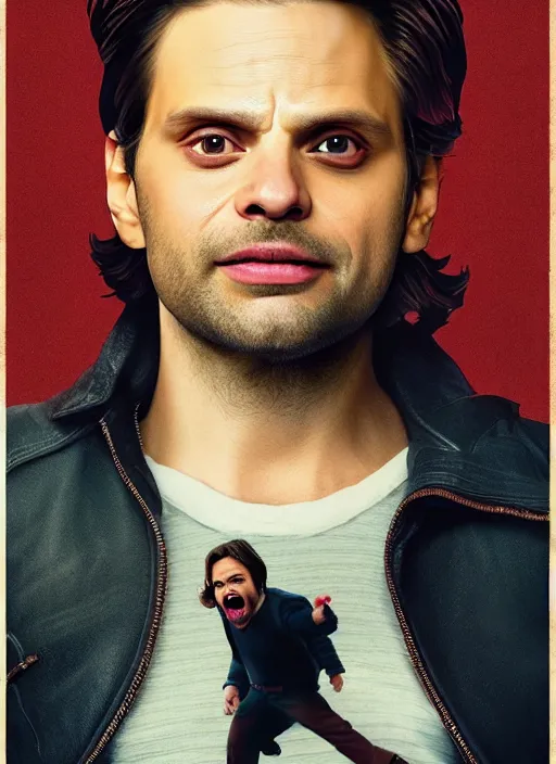 Prompt: highly detailed comedy caper movie poster with flan pudding faced sebastian stan as a sentient flan pudding, sebastian stan face made from flan pudding by greg rutkowski, masterpiece, 1 0 / 1 0