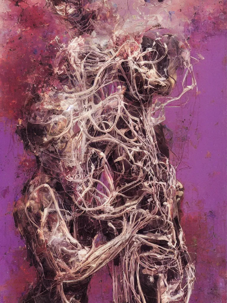 Image similar to a beautiful glitched painting by robert proch of an anatomy study of the human nervous system, color bleeding, pixel sorting, copper oxide and rust materials, brushstrokes by jeremy mann, cold top lighting, pastel purple background