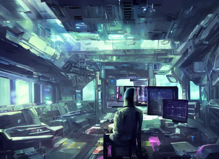 Image similar to a man sitting on a chair with things attached to his head, screens and monitors in front of him playing videos, ship interior, narrow hallway, scifi, dramatic lighting, concept art, surreal