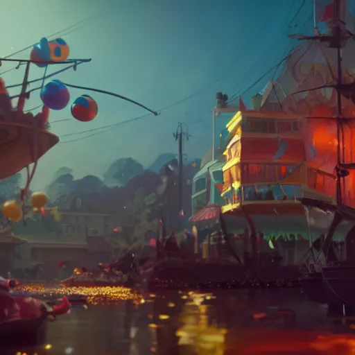 Image similar to a film still floats carnival, medium shot, waist up, studio ghibli, pixar and disney animation, sharp, rendered in unreal engine 5, anime key art by greg rutkowski, bloom, dramatic lighting