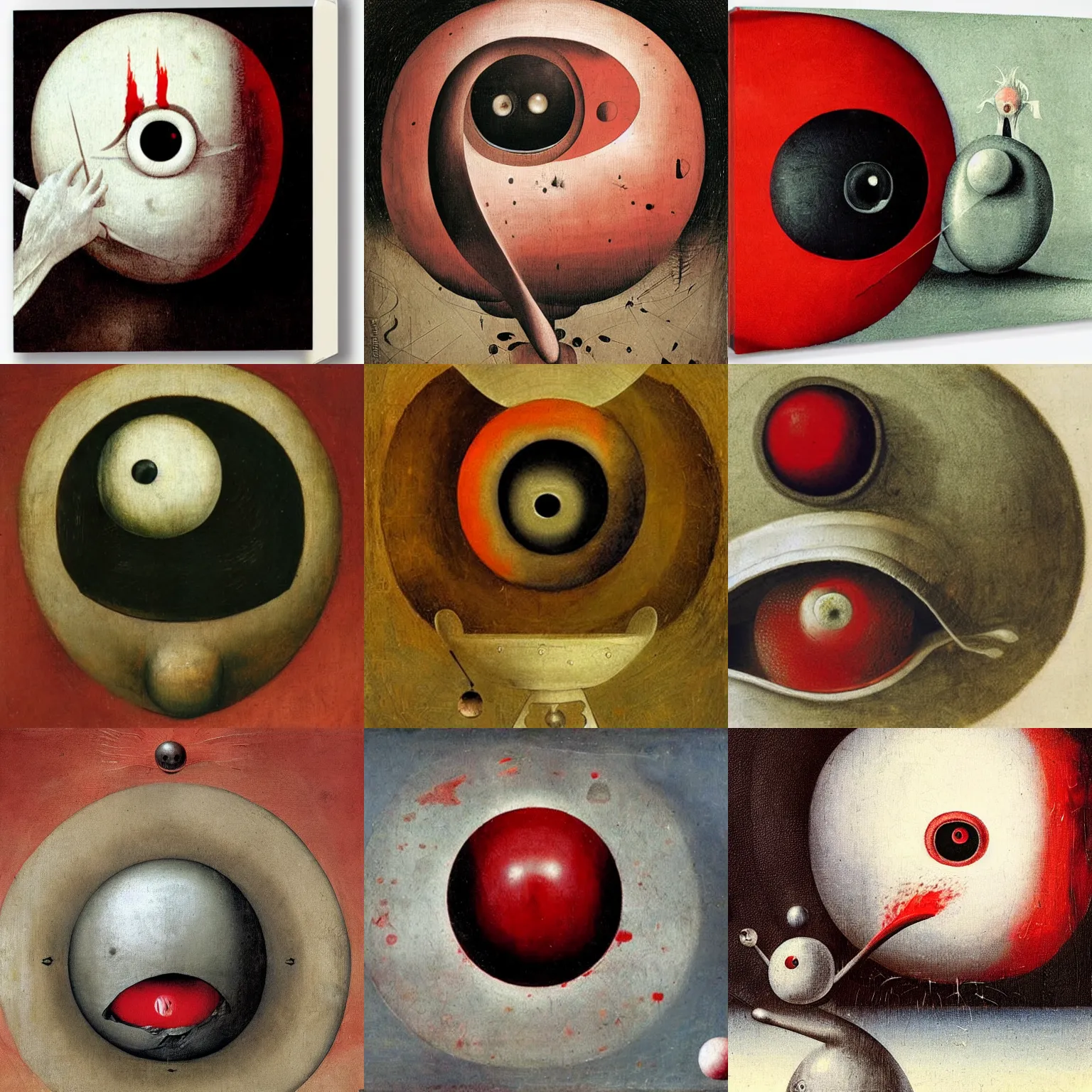 Prompt: 3 d white smooth sphere with a bleeding red eyeball blood tears, by hieronymus bosch, space background