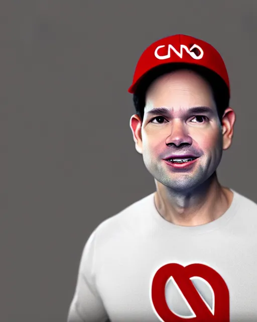 Image similar to a biomorphic portrait of marco rubio wearing a cnn hat, 4 k, octane high quality render