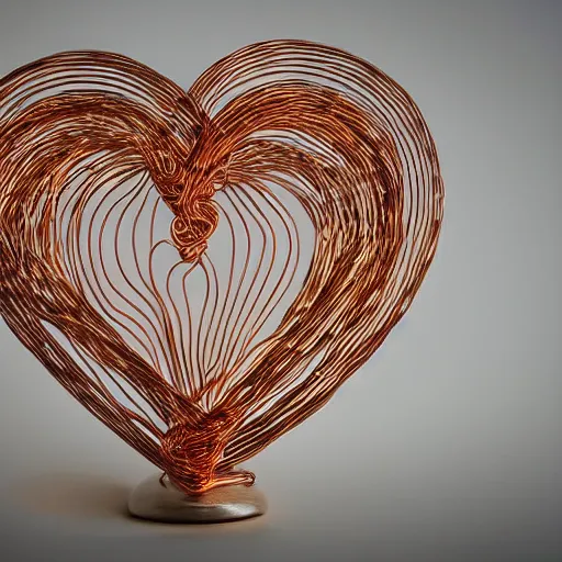 Image similar to a very beautiful tiny human heart organic sculpture made of copper wire and threaded pipes, very intricate, curved. studio lighting, high resolution, high quality, black background