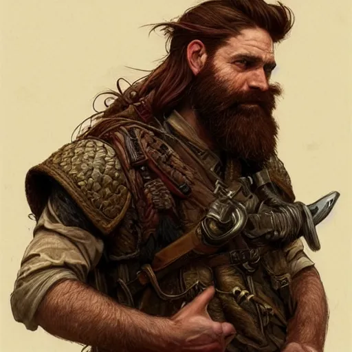 Prompt: portrait of a rugged ranger, 35 years old, beard, male, masculine, upper body, red hair, long hair, soft hair, D&D, fantasy, intricate, elegant, highly detailed, digital painting, artstation, concept art, matte, sharp focus, illustration, art by Artgerm and Greg Rutkowski and Alphonse Mucha