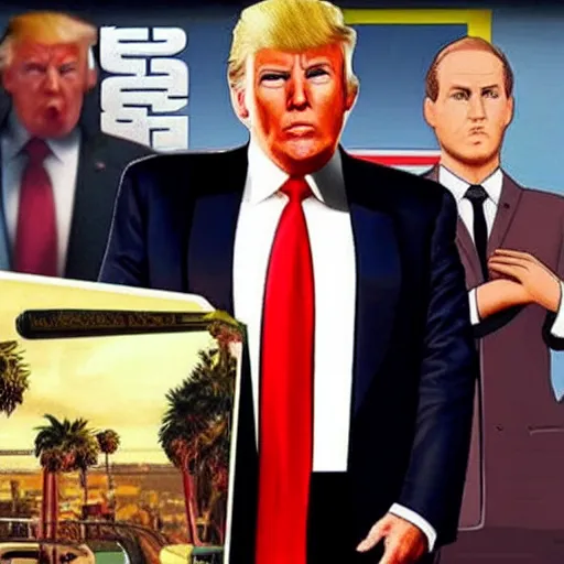 Image similar to donald trump in grand theft auto loading screen, detailed, award - winning, perfect, atmospheric