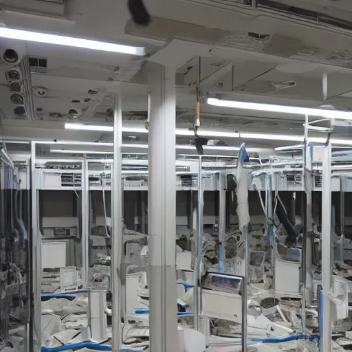 Image similar to google server room, destroyed, ransacked