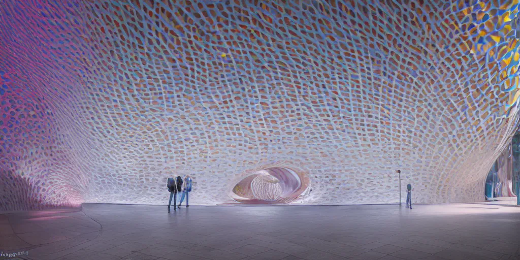 Image similar to extremely detailed awe stunning beautiful futuristic smooth curvilinear museum interior, translucent gills, hyper real, 8k, colorful, 3D cinematic volumetric light, atmospheric light