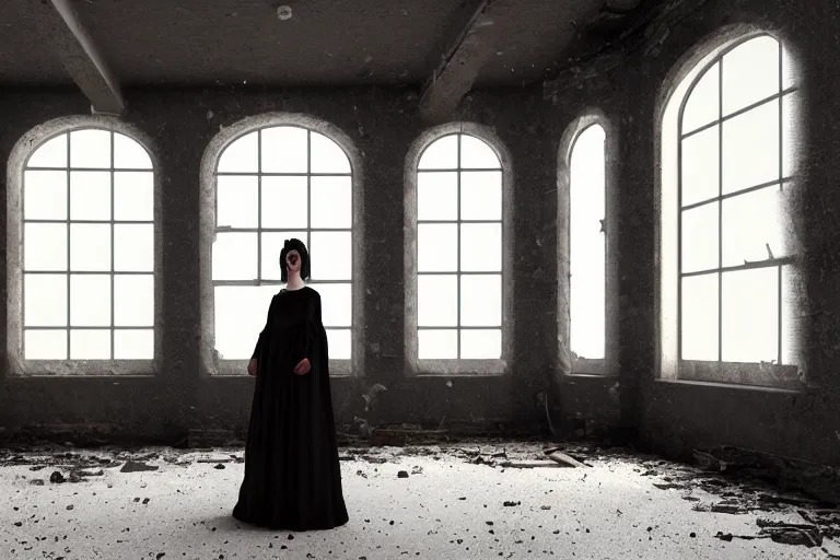 Image similar to A ghostly woman in a long, black victorian dress, standing in the middle of a ruined, abandoned, polish mansion kitchen, seen from inside. Pitch black darkness, A strong red keylight is the only lightsource. Smoke. Dirt, leaves on ground. Octane render. Substance painter. Zbrush. Trending on artstation. 8K. Highly detailed.