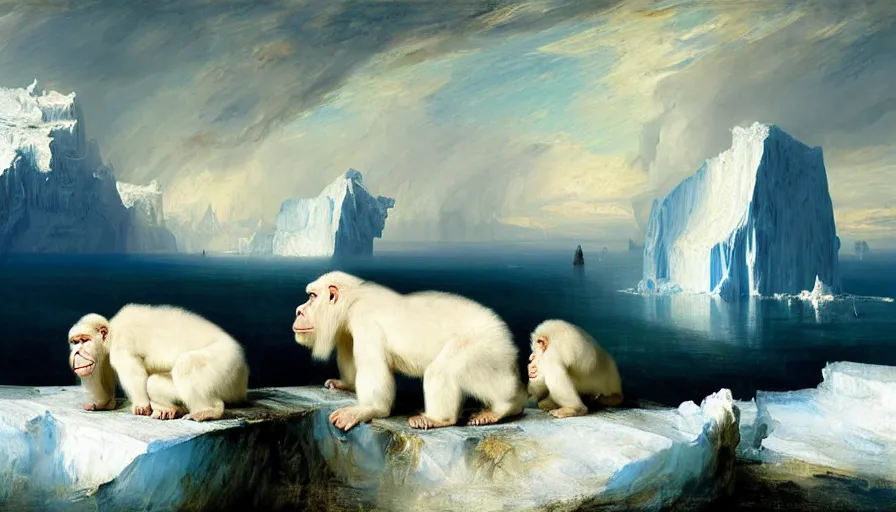 Image similar to highly detailed painting of white giant gorilla cats with large feathered wings on a blue and white iceberg by william turner, by greg rutkowski, by william constable, thick brush strokes and visible paint layers, 4 k resolution