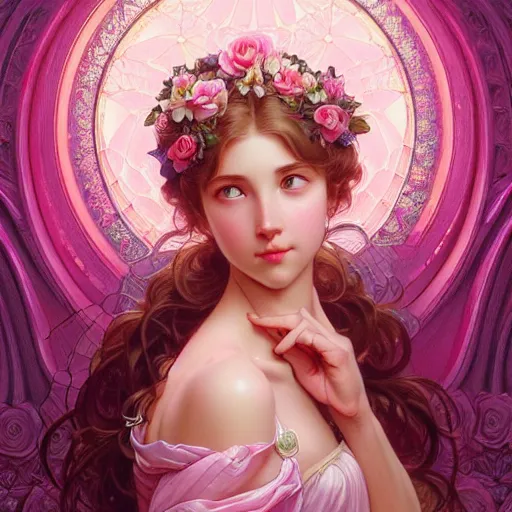 Prompt: perfectly detailed goddess princess of pink roses!! blessed by nature with ever - increasing physical mental perfection, symmetrical! intricate, highly detailed, biblical divine holy perfection!! digital painting, artstation, concept art, smooth, sharp focus, illustration, art by artgerm and greg rutkowski and alphonse mucha