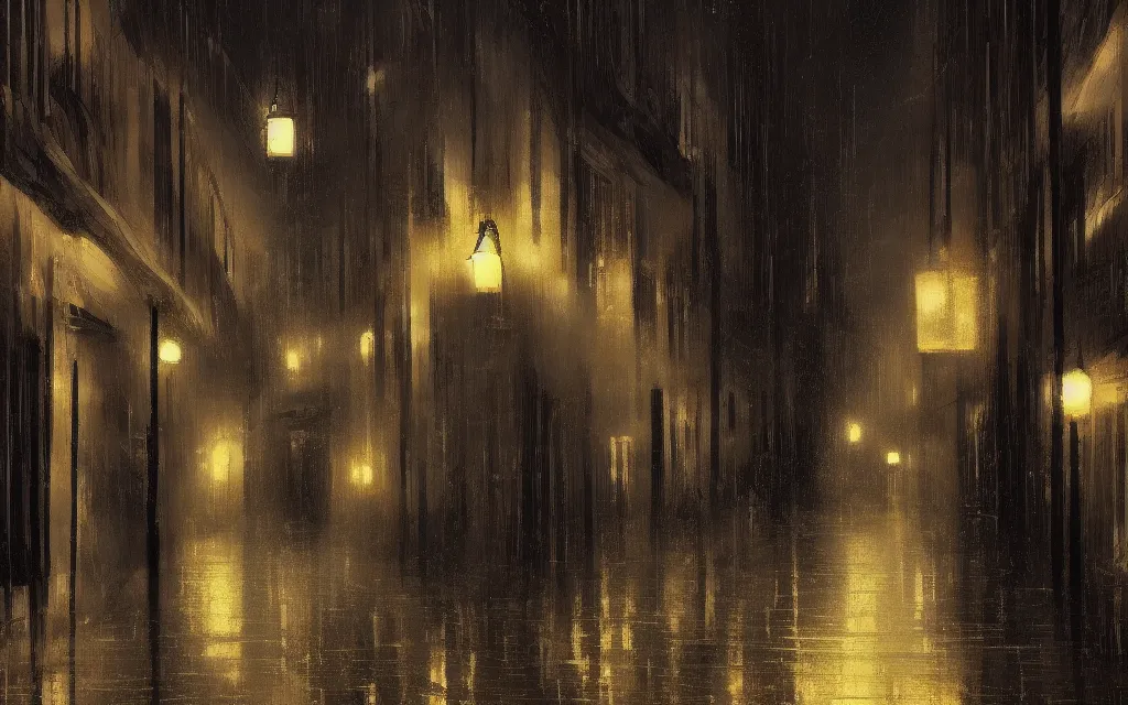 Image similar to concept art, dark wet london alley at night, by ashley wood, by roger deakins, in the style of syd mead atmospheric