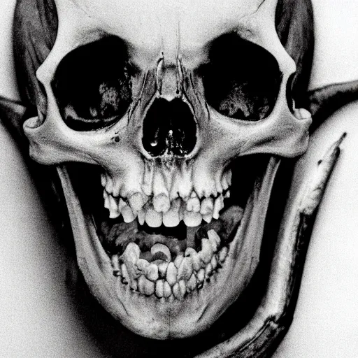 Prompt: crooked teeth, black eyes, gaping mouth, skeleton like, alien looking, skull like, big forehead, horrifying, killer, creepy, dead, monster, tall, skinny, open mouth, deathly, old photo, turning yellow