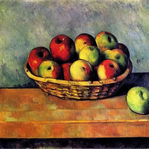 Image similar to a basket of red and green apples on a wooden table, oil painting by paul cezanne