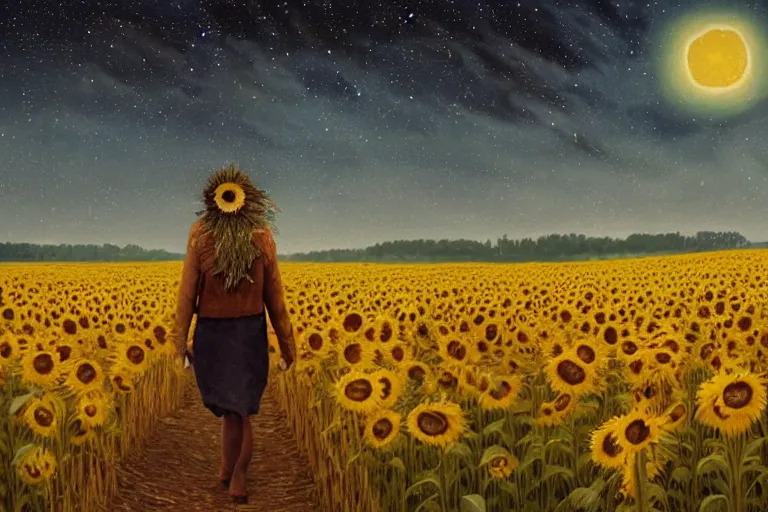 Image similar to huge sunflower head, girl walking in wheat field, hills, surreal photography, dark night, star trails, dramatic light, impressionist painting, clouds, digital painting, artstation, simon stalenhag