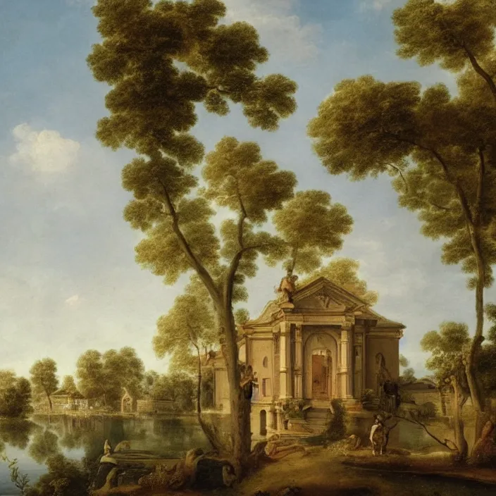 Image similar to a building in a serene landscape, rococo art