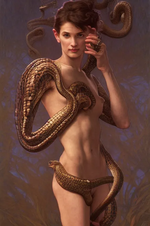 Image similar to Portrait of an anthropomorphic snake-woman, cinematic lighting, intricate, rugged, highly detailed, digital painting, normal hands, normal legs, artstation, smooth, sharp focus, illustration, art by artgerm and greg rutkowski and alphonse mucha and Wayne Barlowe and william-adolphe bouguereau