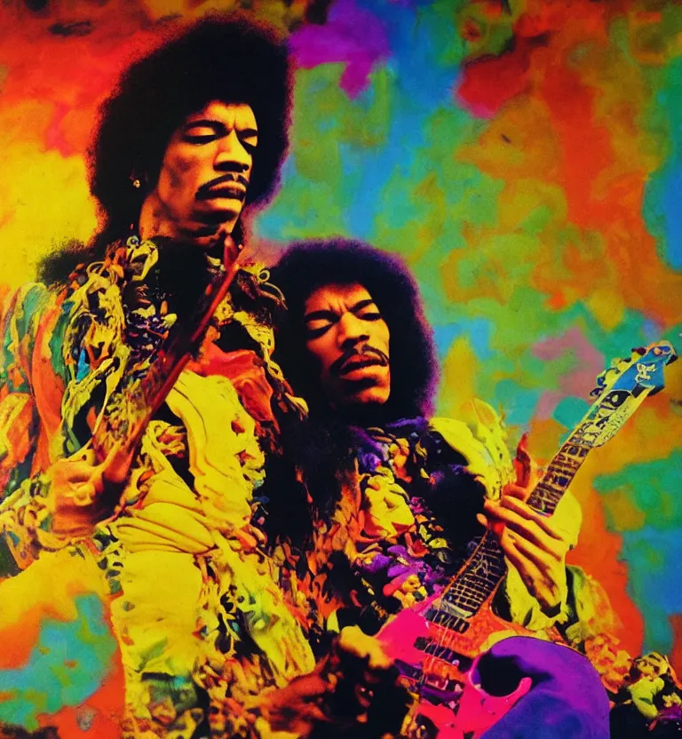 Image similar to colour portrait photography of jimi hendrix full body shot by annie leibovitz, colourful biomorphic opart temple, 8 k