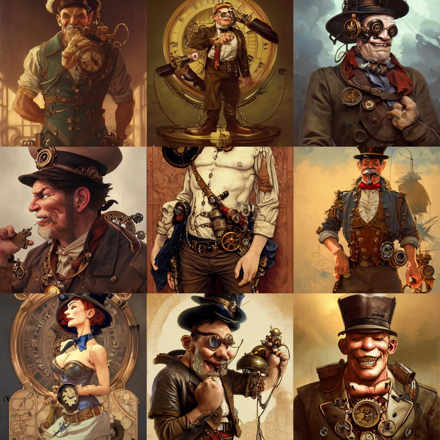 Prompt: a beautiful illustration of steampunk popeye the sailor man, intricate, sharp focus, illustration, highly detailed, digital painting, concept art, matte, art by wlop and artgerm and greg rutkowski and alphonse mucha, masterpiece